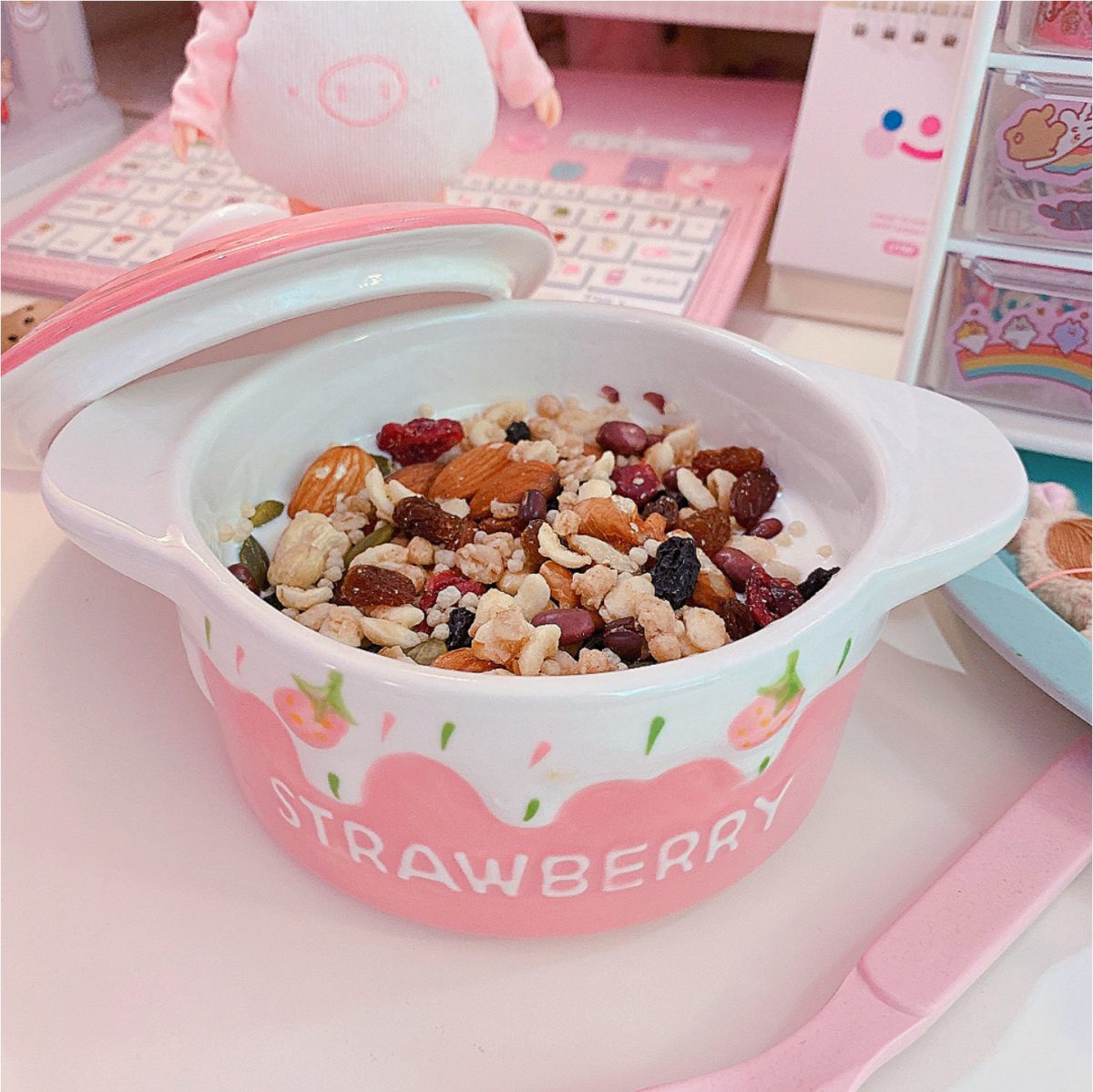Cute pink Strawberry ceramic Bowl with Lid - Image 3