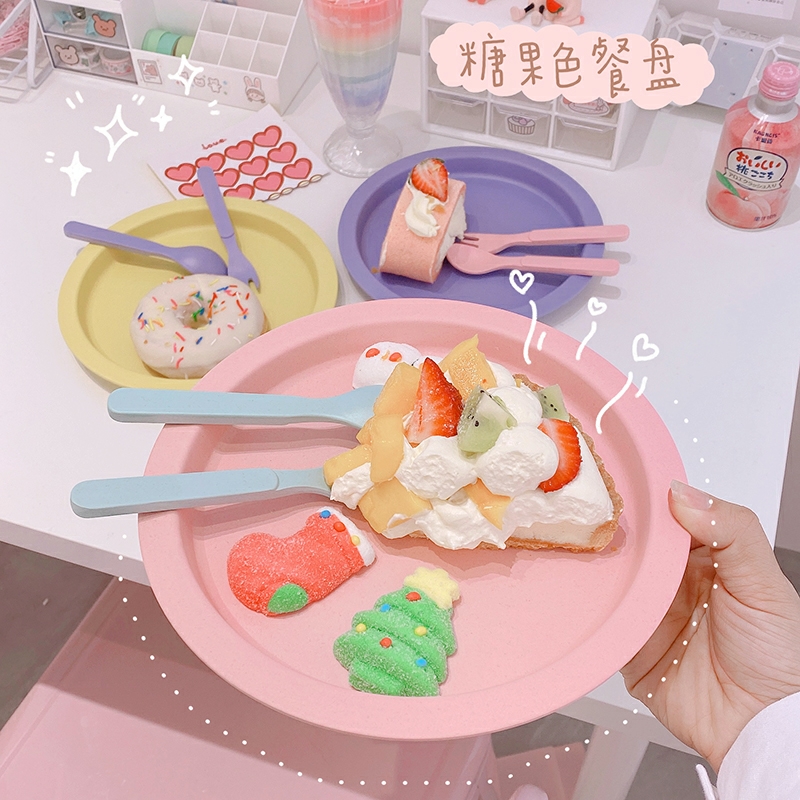 Macaron Color Dessert Salad Plate with Fork spoon