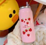 Pink Strawberry Thermal Flask With Straw Stainless Steel Tumbler Mug - Image 11