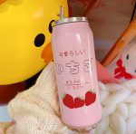 Pink Strawberry Thermal Flask With Straw Stainless Steel Tumbler Mug - Image 12