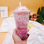 Candy Color Star Sequin Drinking Water Bottle with Straw - Image 6