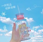 SailorMoon Kawaii Glass Water Bottle with Two Lid and Straw