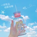 SailorMoon Kawaii Glass Water Bottle with Two Lid and Straw