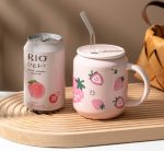 Kawaii Strawberry Orange Fruit Ceramic Cup with Lid Straw - Image 2