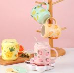 Kawaii Strawberry Orange Fruit Ceramic Cup with Lid Straw - Image 3