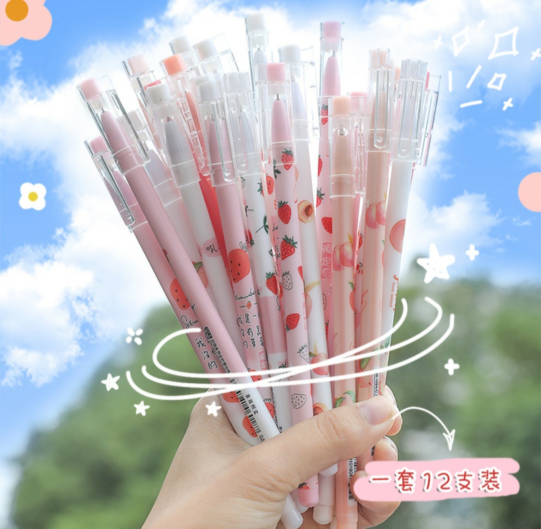 20211108_134127 12pcs Cute Strawberry Peach Avocado Gel Pen Set - Image 1