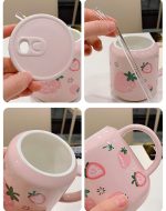 Kawaii Strawberry Orange Fruit Ceramic Cup with Lid Straw - Image 13