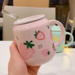 Kawaii Strawberry Orange Fruit Ceramic Cup with Lid Straw