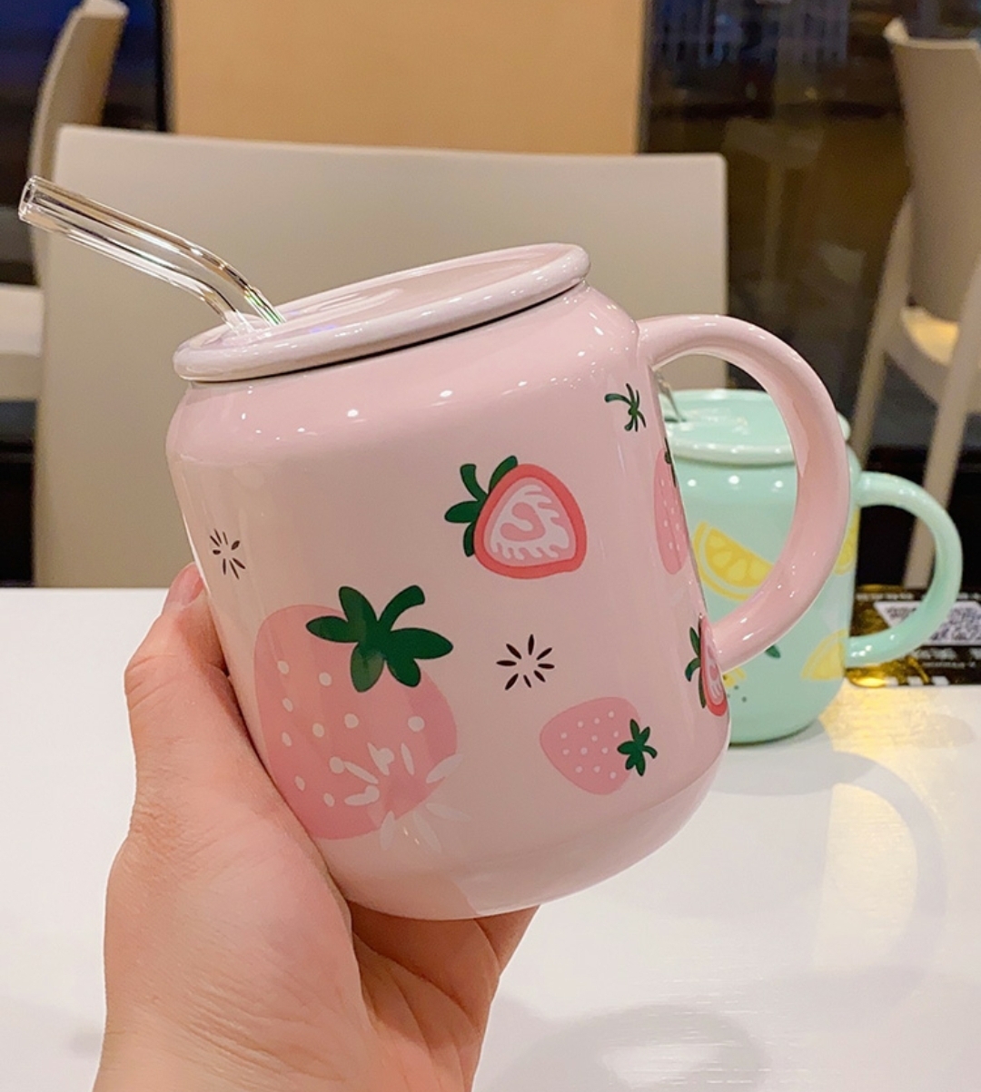 Screenshot_20211107-220354 Kawaii Strawberry Orange Fruit Ceramic Cup with Lid Straw - Image 1