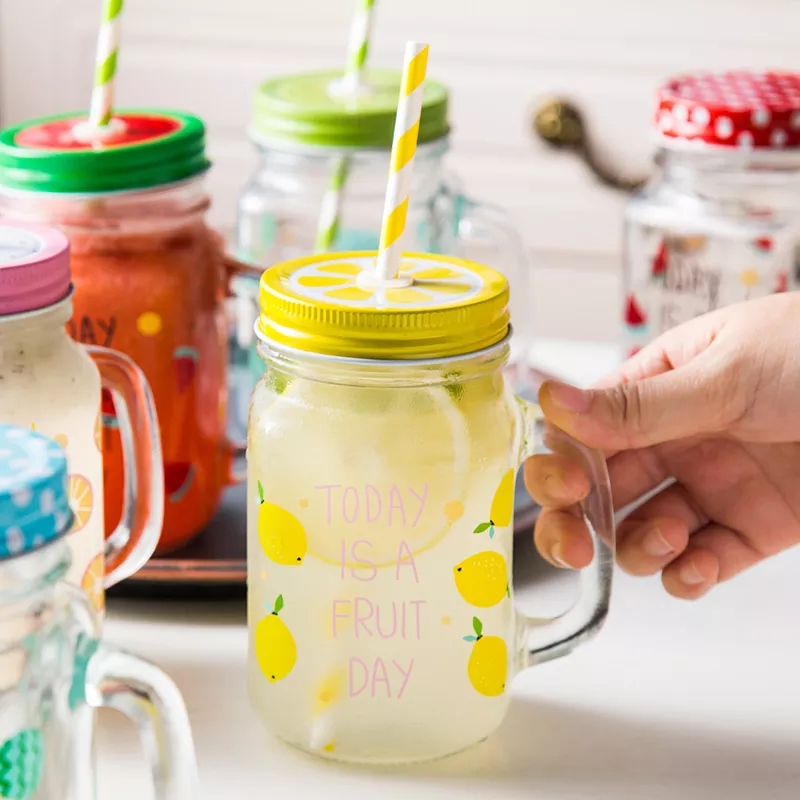 18359476451491477730 (2) Fruit Day 450ML Mason Jar Glass with Straw - Image 1