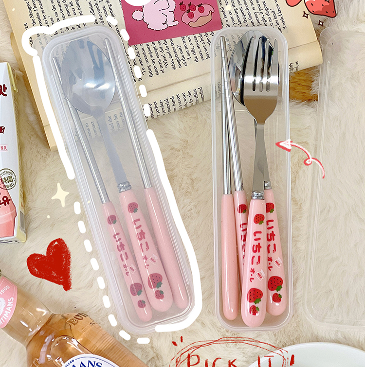 Japanese Cute Pink Strawberry Portable Cutlery Set