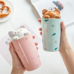 Cute Cat Ceramic Cup with Lid and Straw