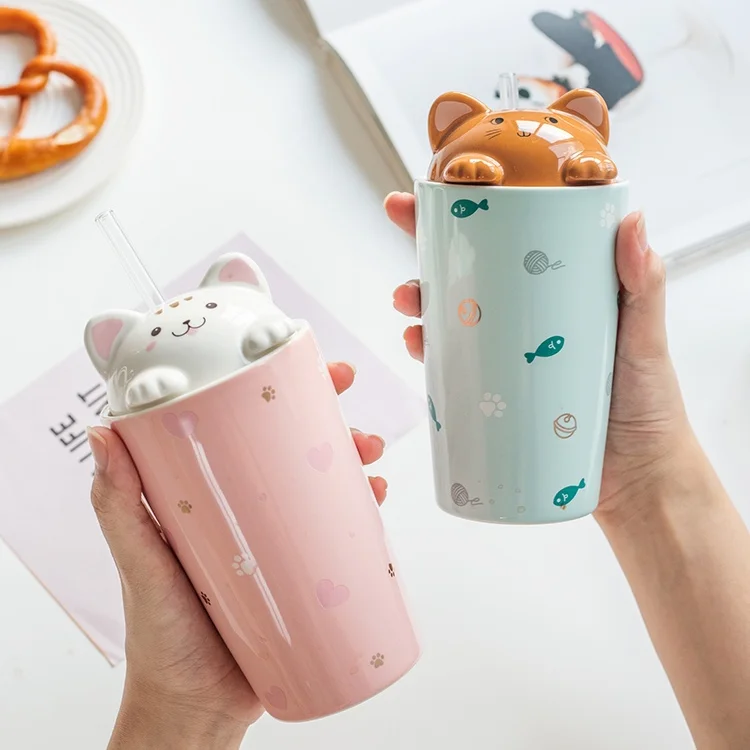 IMG_20220302_142433_683 Cute Cat Ceramic Cup with Lid and Straw - Image 1