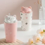 Cute Cat Ceramic Cup with Lid and Straw - Image 2