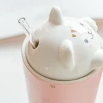 Cute Cat Ceramic Cup with Lid and Straw - Image 3