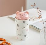 Cute Cat Ceramic Cup with Lid and Straw - Image 5