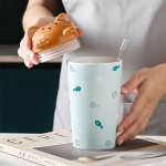 Cute Cat Ceramic Cup with Lid and Straw - Image 4