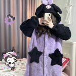 Kawaii Sanrio Anime  Kuromi Cartoon Lovely Autumn and Winter Coral Wool Robe Warm Nightdress - Image 7
