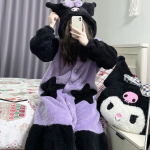 Kawaii Sanrio Anime  Kuromi Cartoon Lovely Autumn and Winter Coral Wool Robe Warm Nightdress - Image 5