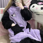 Kawaii Sanrio Anime  Kuromi Cartoon Lovely Autumn and Winter Coral Wool Robe Warm Nightdress - Image 3