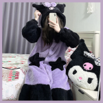Kawaii Sanrio Anime  Kuromi Cartoon Lovely Autumn and Winter Coral Wool Robe Warm Nightdress