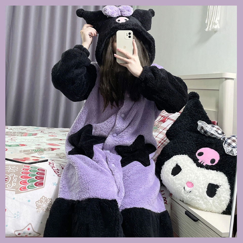 tb_image_share_1667574433054.jpg Kawaii Sanrio Anime Kuromi Cartoon Lovely Autumn and Winter Coral Wool Robe Warm Nightdress - Image 1