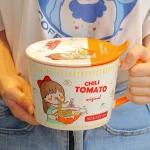 Ceramic cute Japanese style instant noodle bowl with cover can be microwaved