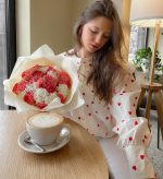White Heart Print Doll Collar Beautiful Blouses Lantern Sleeves Button Up Shirt Top - Image 9