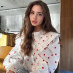White Heart Print Doll Collar Beautiful Blouses Lantern Sleeves Button Up Shirt Top - Image 8