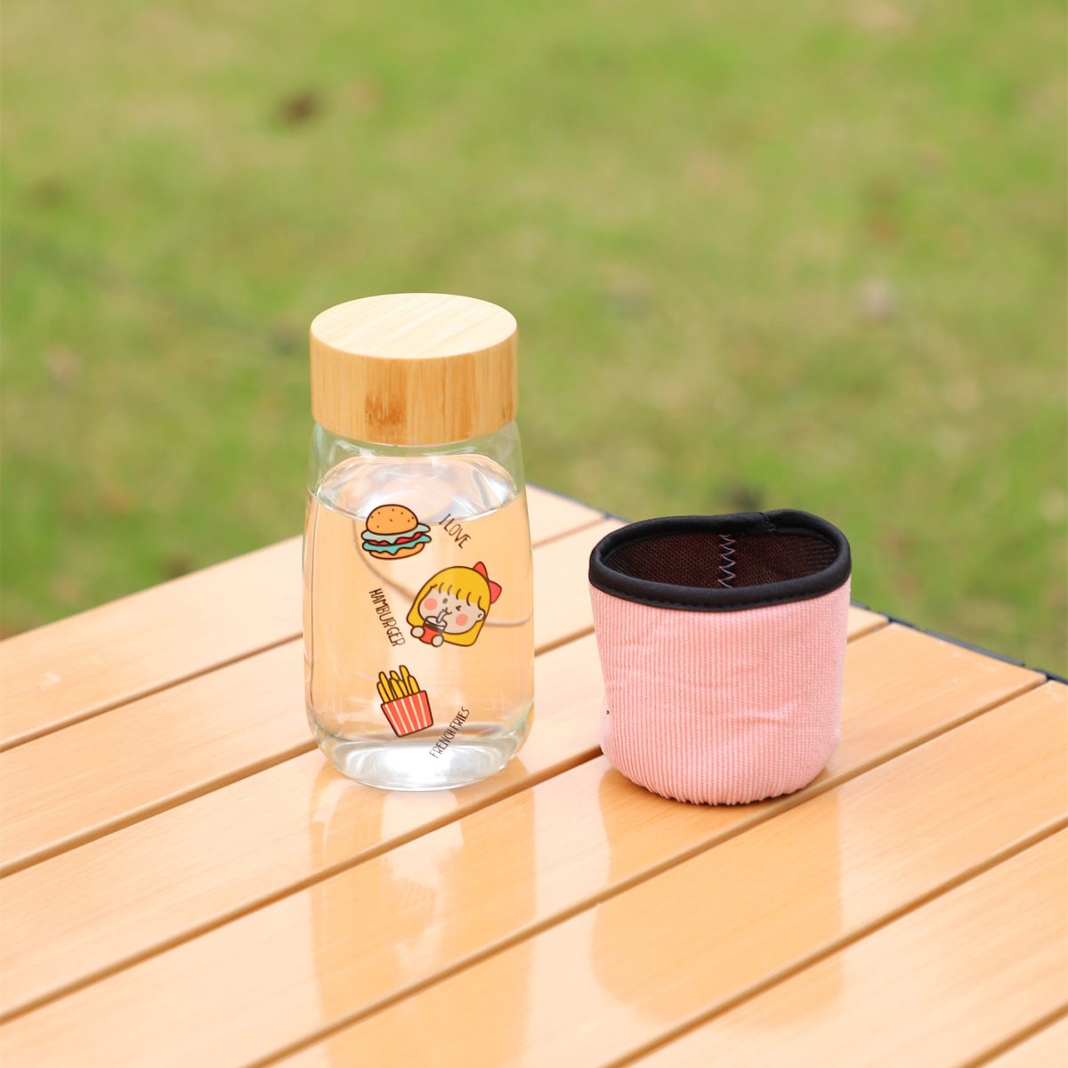 800ml Korean cartoon cute cup set of small glass portable water cup portable high temperature, portable rope transparent glass water cup - Image 3