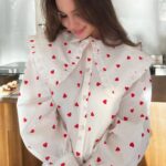 White Heart Print Doll Collar Beautiful Blouses Lantern Sleeves Button Up Shirt Top