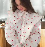 White Heart Print Doll Collar Beautiful Blouses Lantern Sleeves Button Up Shirt Top