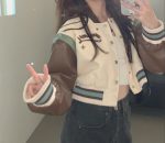 Cropped Baseball Jackets Women Harajuku Oversized Bomber Coat Streetwear Korean Leather Sleeve Casual Short Outerwear - Image 8