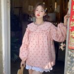 Dot Pink Peter Pan Collar Shirts  Back Cut Out Bow Blouse Korean Sweet Lantern Long Sleeve Cute Top