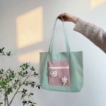 Bufanliangpin/Bear corduroy shoulder bag for women in contrasting color ice cream color with large capacity, cute school bag for students