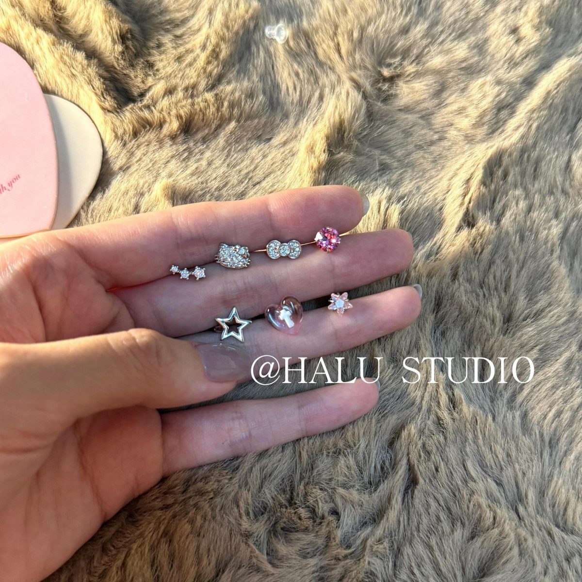 "HALU" "Pink and cute kt cat" HALU cute girlish versatile exquisite full diamond star ins style earrings - Image 4
